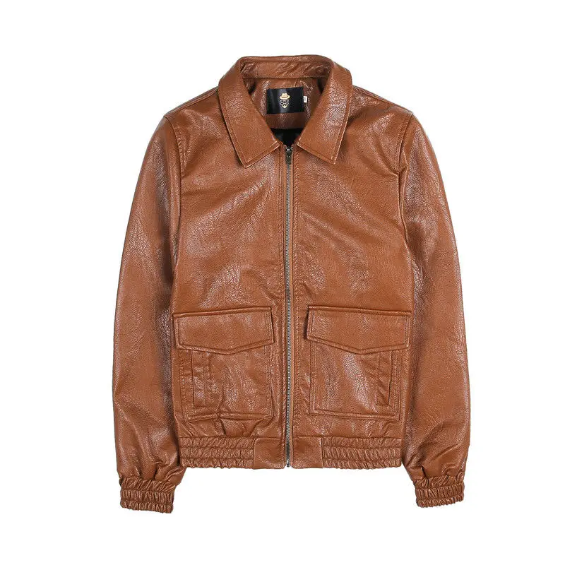 

Autumn Slim Men's Fit Large Pocket Faux Leather Zipper Jacket Korean Style Solid Color Lapel Coat Men's Faux Leather Jacket