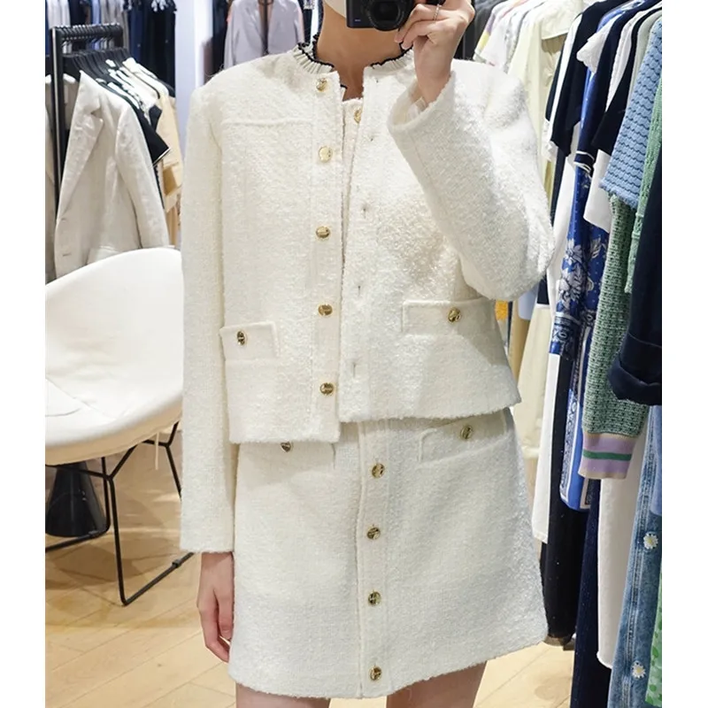 

Женская куртка, новинка осень-зима 2021, стильное белое шерстяное однобортное короткое пальто с воротником-стойкой, Топ