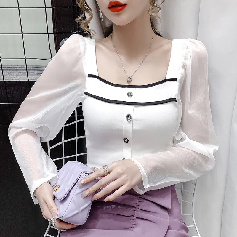 

Новое поступление, модная блуза для женщин из кристаллов OL temperament Повседневная Уличная в винтажном стиле; С точки зрения с буффами на рукава...