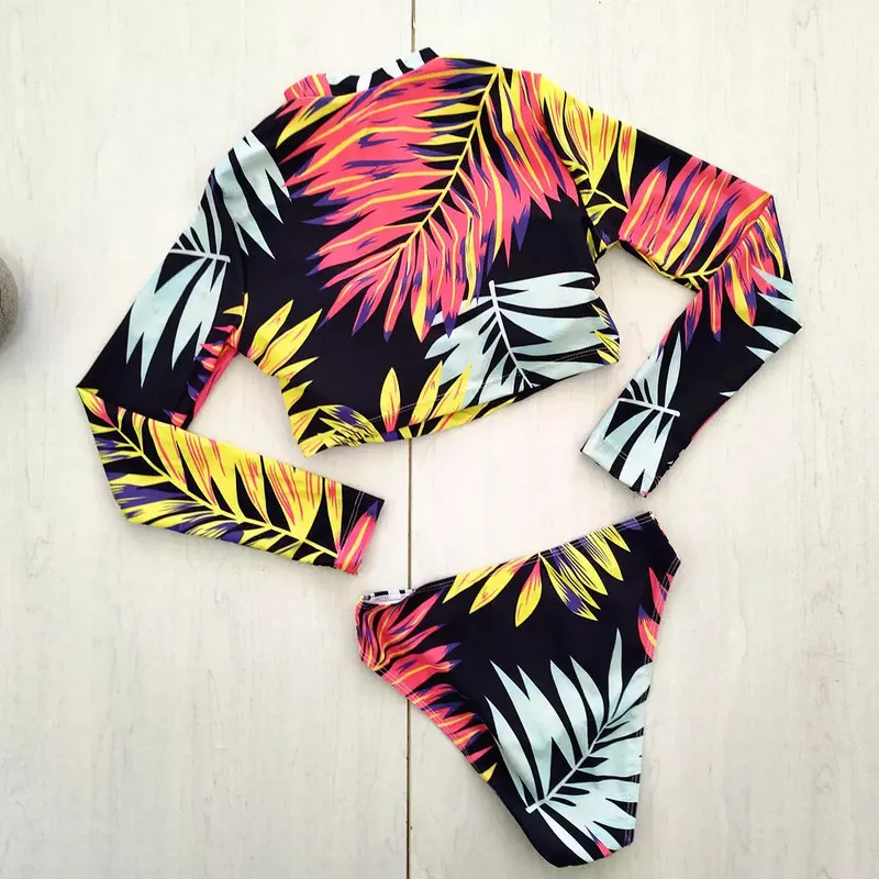 Женский купальник с длинным рукавом Цветочный комплект бикини пуш-ап на молнии