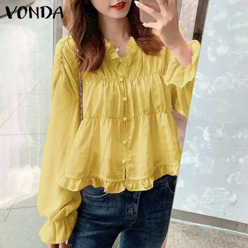 

Women Shirts Casual Long Sleeve Button Up Ruffled Blouse Bohemian Summer Tops 2021 VONDA Blusas Femininas