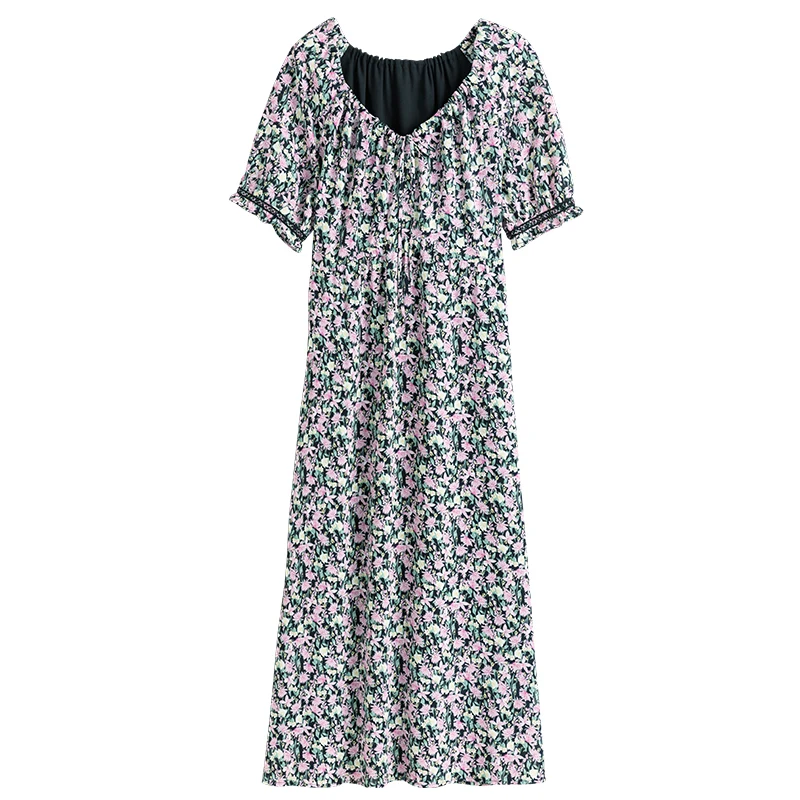 

DUSHU Plus Size Women's French V-neck Floral Dress 2021 Summer New Office Ladies Bohemian Retro Dress Women Clothing