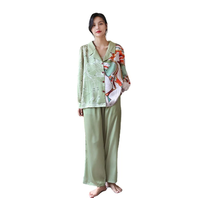 

Pajamas Women's Spring and Autumn New Long Sleeved Ice Silk Two-piece Set of Silk Home Clothes