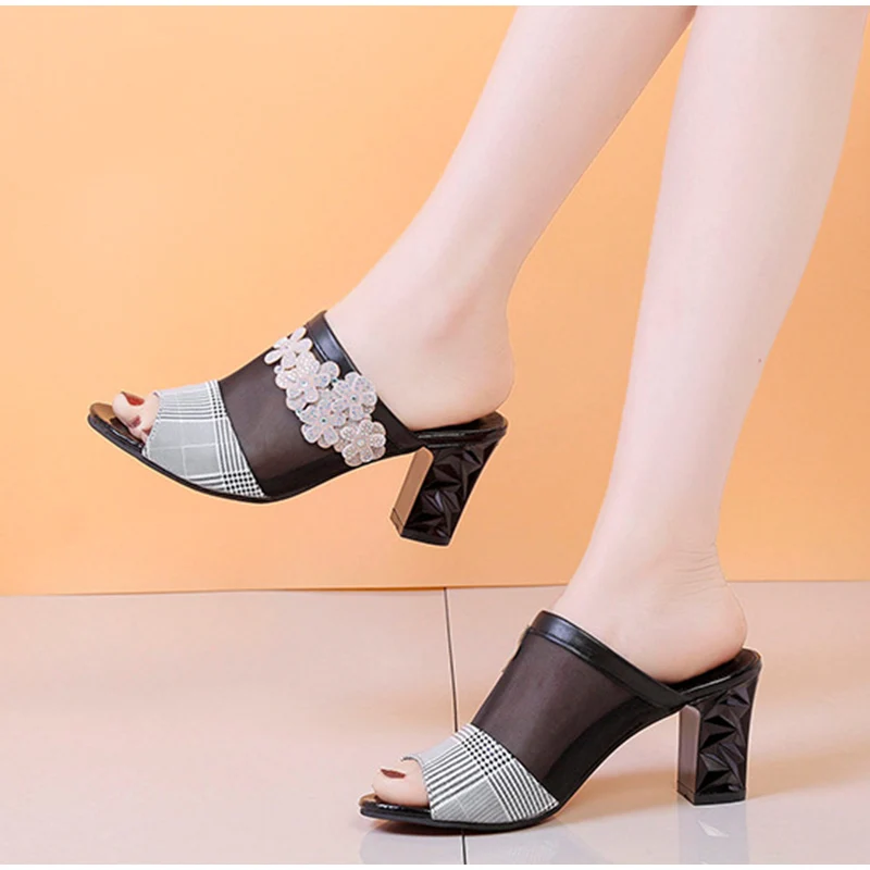 Женские шлепанцы на Высоком толстом каблуке Дышащая обувь с открытым носком из