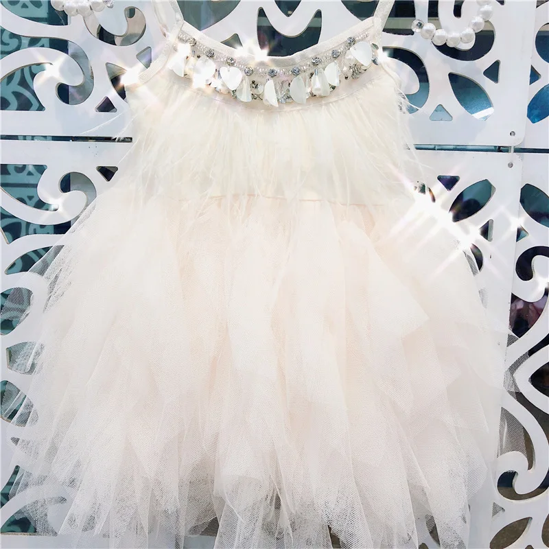 Vestido Girl Princess Tutu Dress Heavy Work Beaded 2019 Summer Feather Pleated Toddler Clothes Baby 1-7 Yrs GDR612 | Детская одежда и