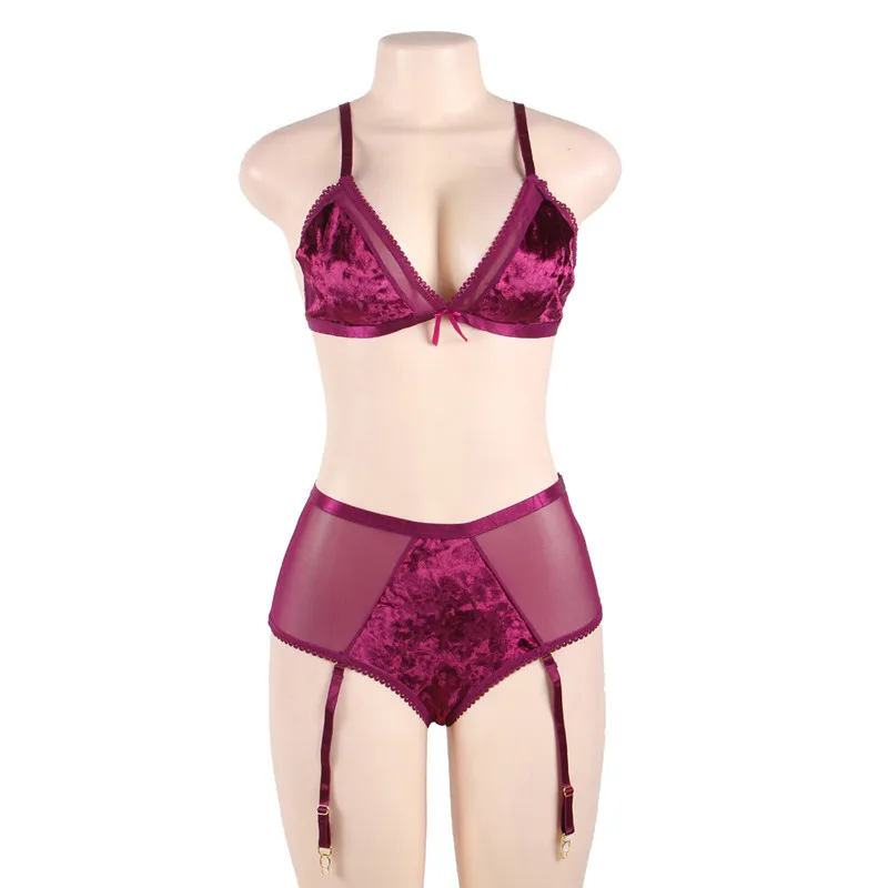 

V Neck Women Lingerie Set Velvet Patchwork Mesh Women Sexy Underwear Sets With Garter belt RW80603 Babydoll Set Bras For Women03