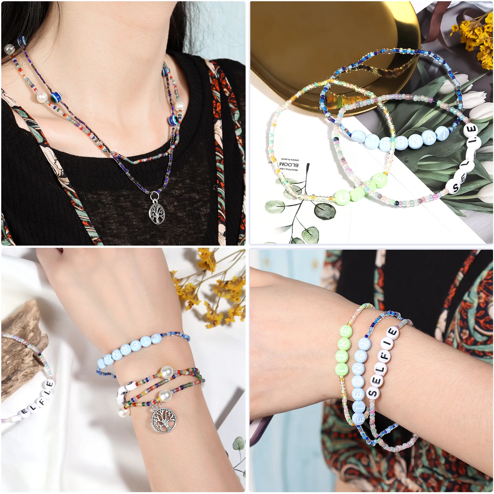 Polymer Clay Beads Set Galss Seed Letter Beads Kit Simle Soft Pottery Beads Gift Box for Bracelet Jewelry Making DIY Accessories