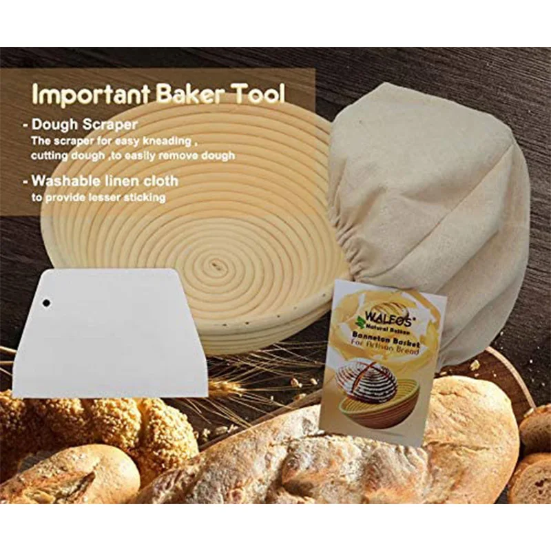 

Walfos 10 Inch Round Banneton Proofing Basket Set - French Style Sourdough Bread Basket 100% Natural Rattan Hand Crafted Bread