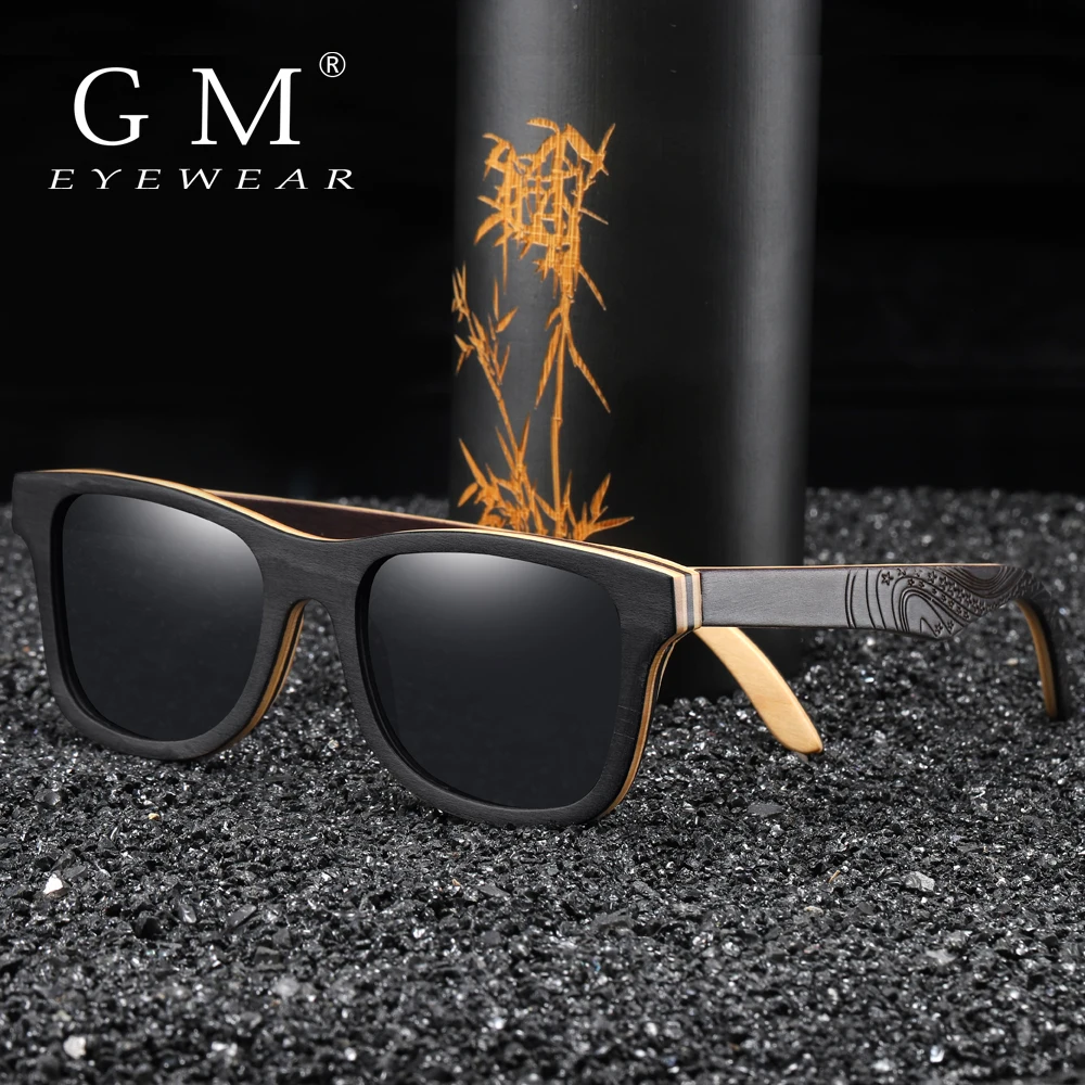 GM TOP Black Wooden Sunglasses Handmade Natural Skateboard Wooden Sunglasses Men Women Wooden Polarized Sunglasses S5832