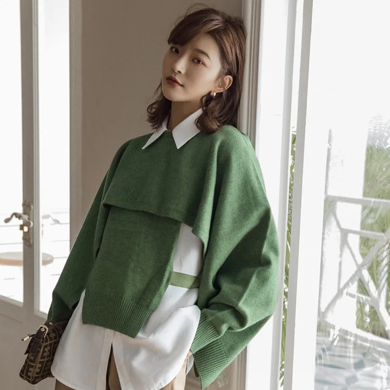 LANMREM Original Two-piece Hooded Vest Sweater Tied Bandwidth Loose Long Sleeves Outside Sweaters Women 19B-a220