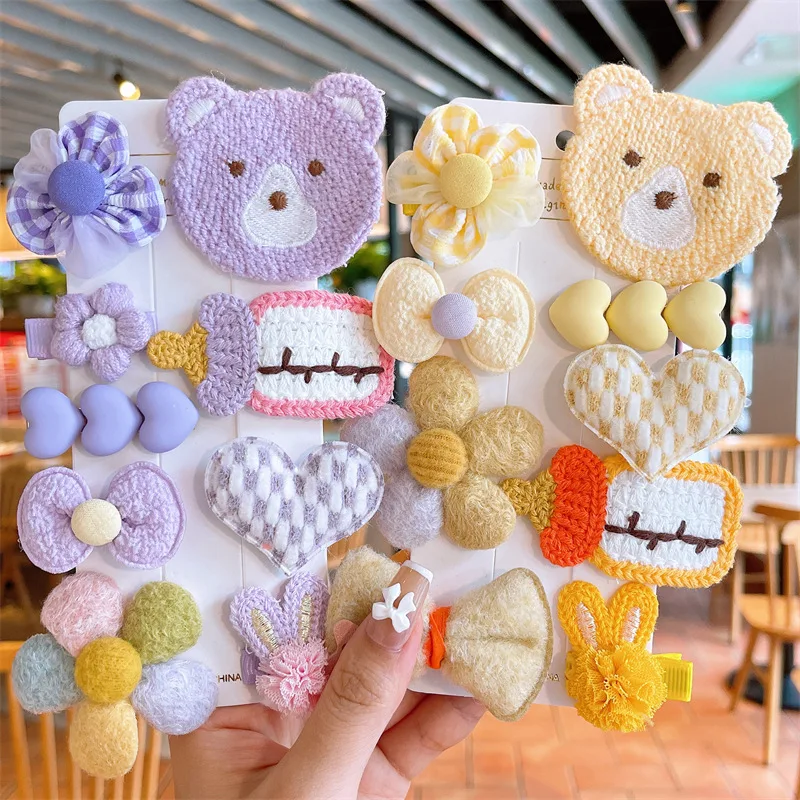 

9pcs/Set Hair Clip for Girls Wool Knitting Bear Plush Flowers Fluffy Hair Bows Kids Hairpins Barrettes Fashion Hair Accessories