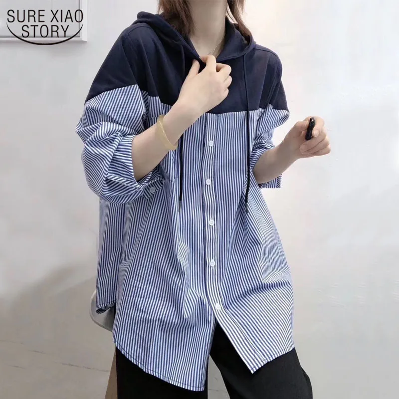 

Women Drawstring Tops 2022 Autumn Hooded Striped Stitching Shirt Female Korean Style Loose Hoodies Sweatshirts Casual 11943