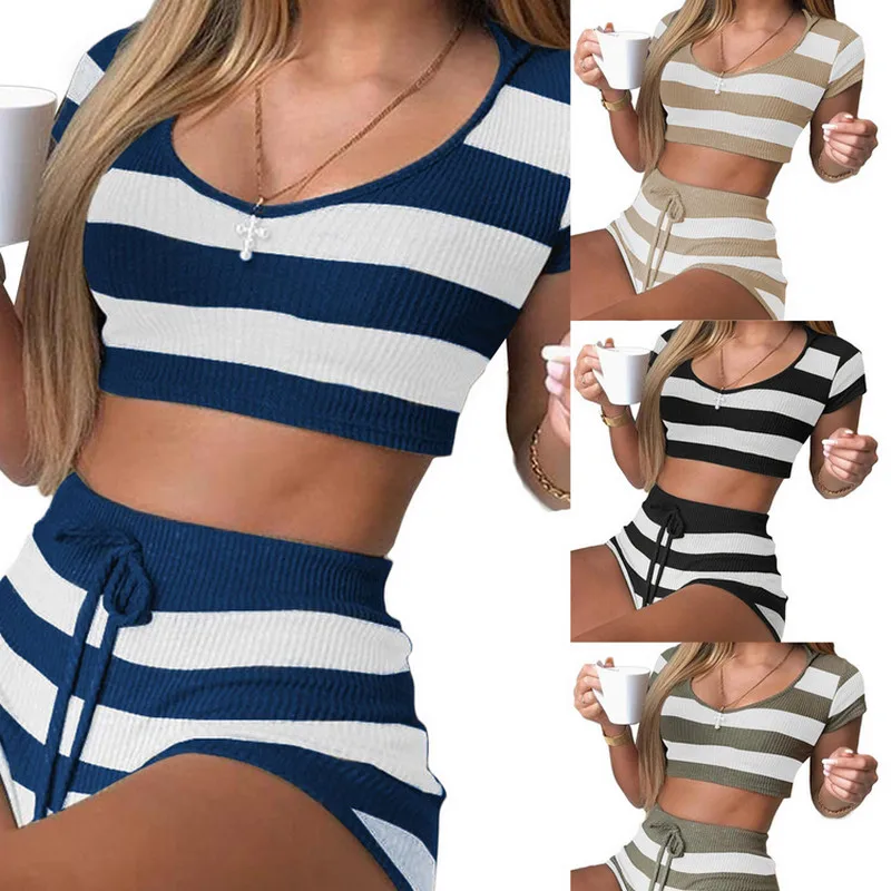 

2020 New Womens 2 Pcs Outfit Fashion V Neck Short Sleeve Crop Top and Elastic Waist Shorts Pajama Active Bottom Sexy Stripe Sets