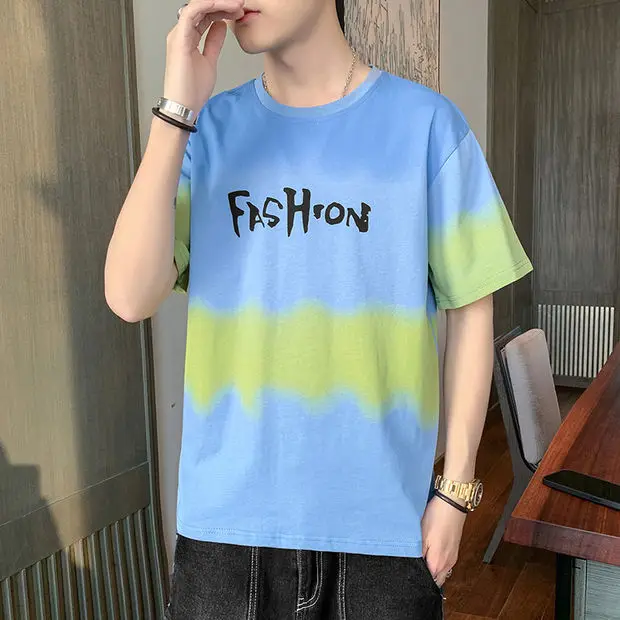 

2021 Summer New Cotton Short Sleeve T-shirt Men's Gradual Change T-shirt Trend Loose and Versatile