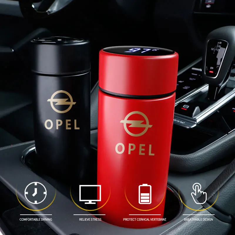 

500ml Car Style Smart Thermos Mug LED Temperature Display Stainless Steel Tea Cup With Logo For Opel Astra h g j Insignia