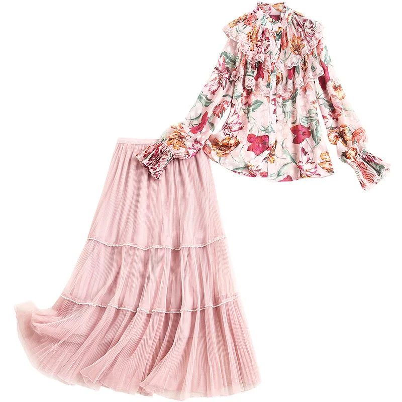 

SHUCHAN 2021 New Two-piece Set Print Shirt Women Ruffles + Prairie Chic Mid-Calf Pink Summer Suit Woman Conjunto De Dos Pieza