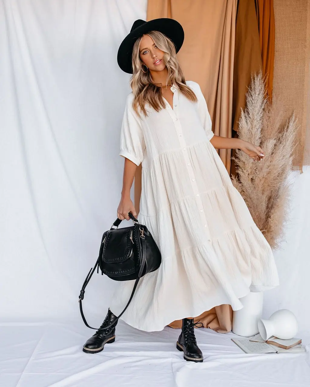 

Lugentolo Summer Boho Dress Women Half Sleeve Turn-down Collar Button Solid Color A-LINE Big Swing Long Dress