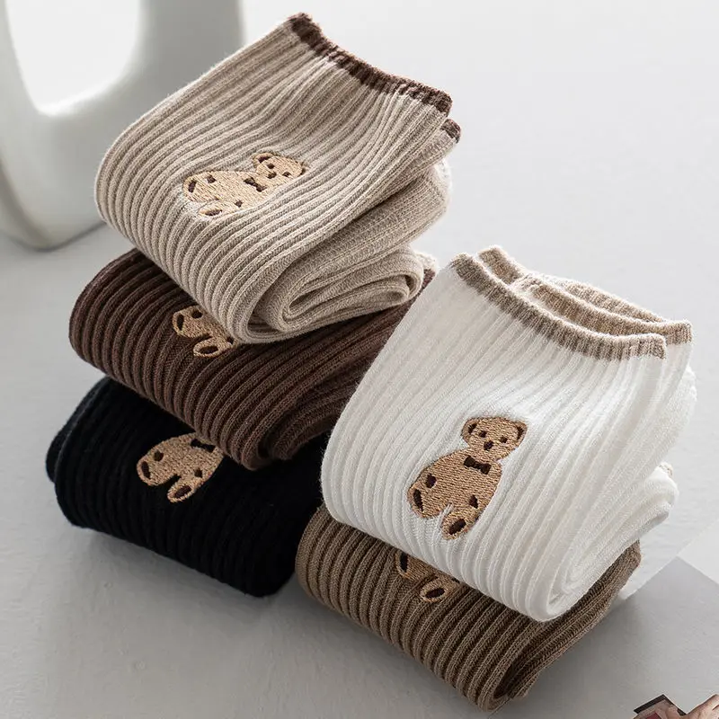 

2021 NEW Kawaii Teddy Bear Socks Candy Color Cartoon Cute Socks For Women Girls Y2k Embroidery Bear Fashion Soft Casual Sock