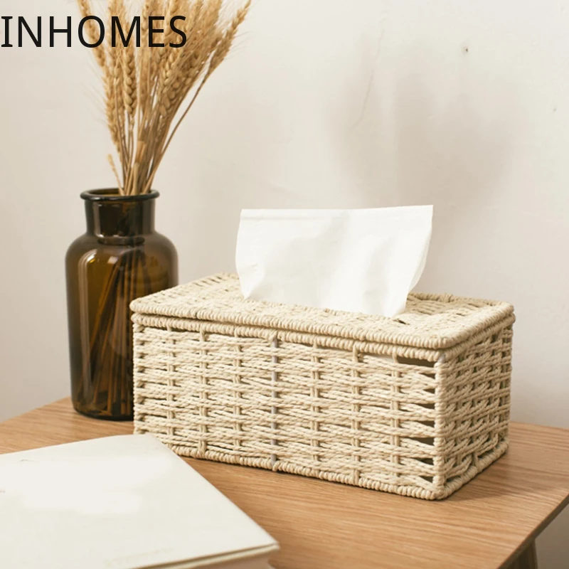 

Rattan Woven Tissue Box Napkin Holder Case Clutter Rectangular Makeup Organizer Container Room Desk Decoration Storage Basket