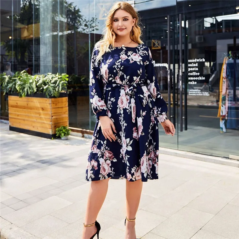 Женское платье размера плюс модное Повседневное с длинным рукавом и принтом