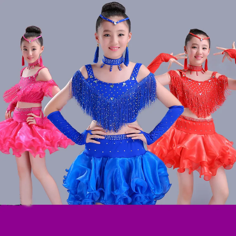

Children's Latin dance costumes girls new style sequins tassels Latin dance skirt performance show competition clothing