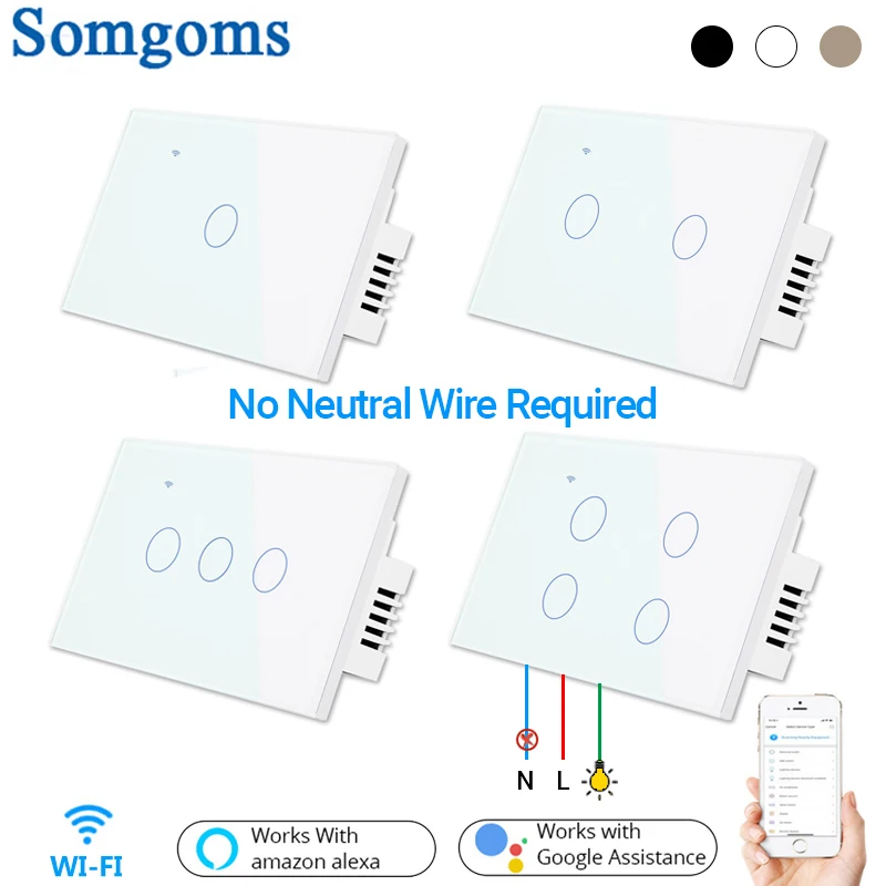 

Somgoms Smart Wifi Touch Wall Light Switch, No Neutral Wire, APP Remote Home Drive,works with Alexa Google ,1/2/3/4 Gang