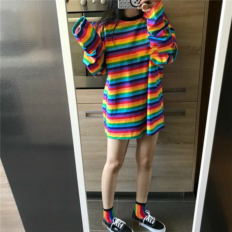 2019 весна осень большие женские футболки Длинные конфеты Уличная Повседневная