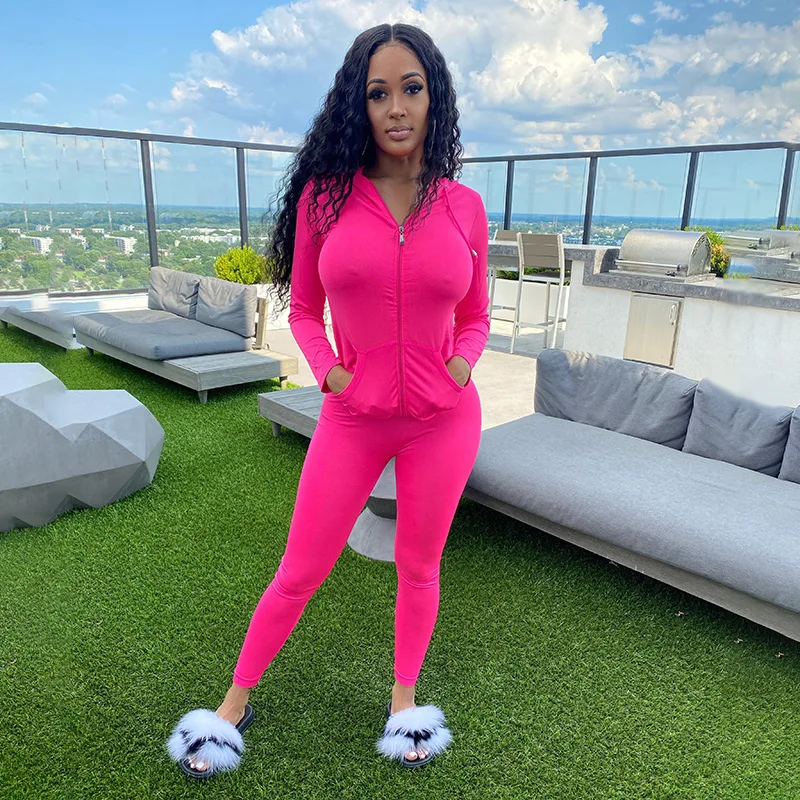 

2021 Two-Piece Women's Yoga Set Long Sleeve Casual Hooded Jacket Tights Leisure Solid Color Pencil Pants Femme Sportswear