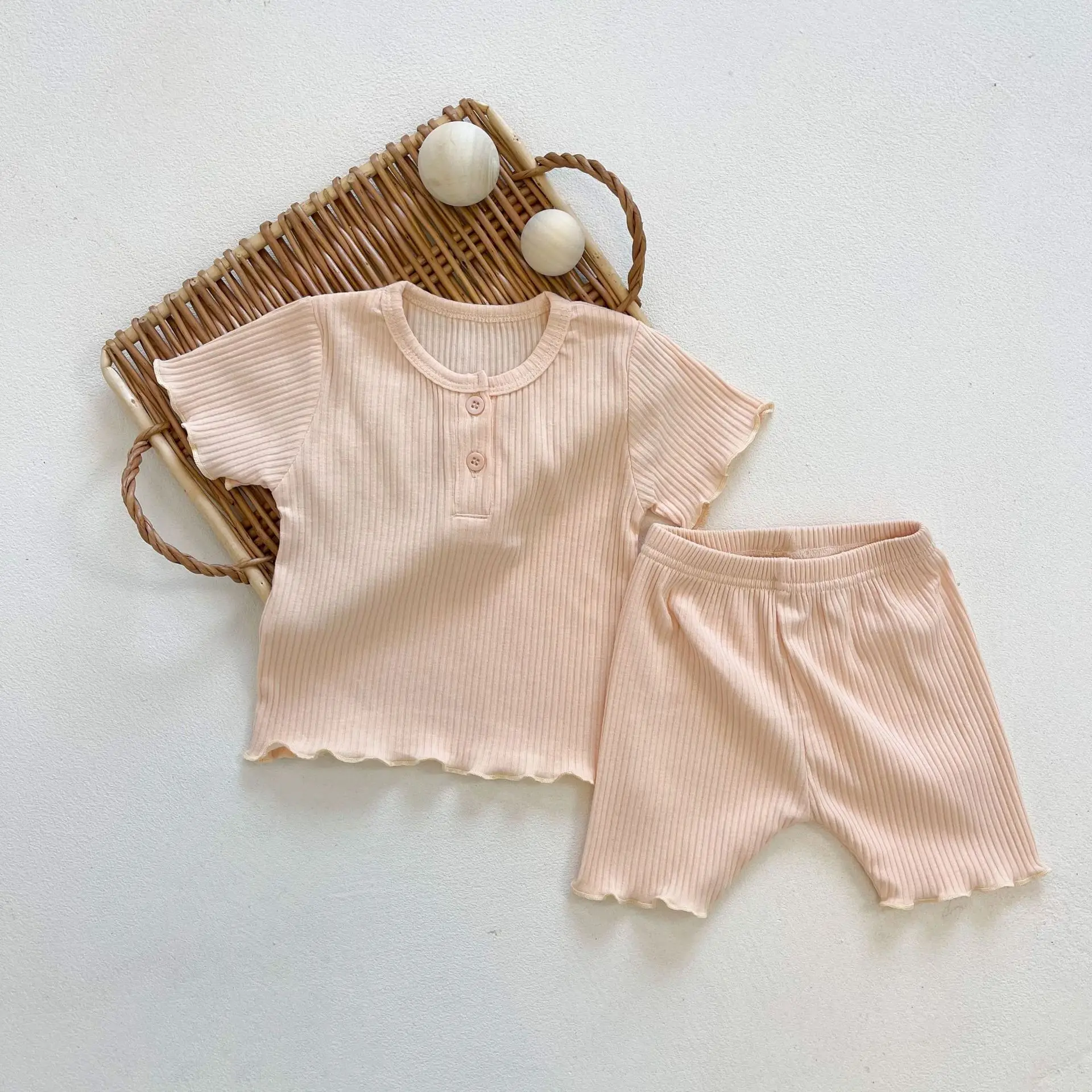 

2021 New Summer Pajamas Toddler Bay Girl Cotton Solid Short Sleeve Tops + Kid Stripe Soft Shorts Pant 2pcs Clothes Set