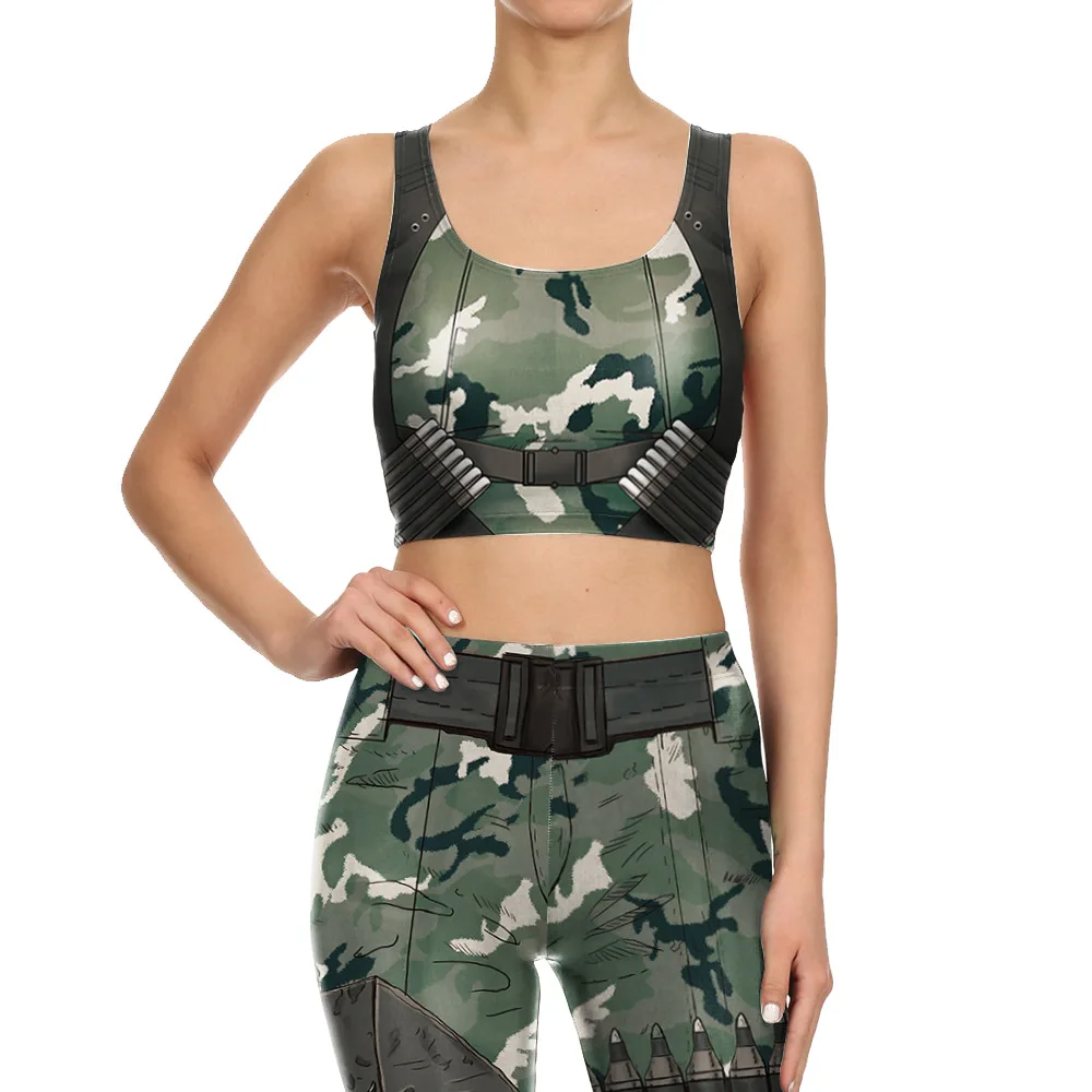 

Women Fashion Punk Camouflage 3D Digital Printed Stretch Top Tights Halloween Cosplay Costume Party Dress Up Vest Pants Set