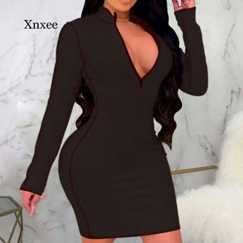 

Brief Dress Women Full Sleeve Stand Collar V Neck Above Knee Skinny Slim Bodycon Dress