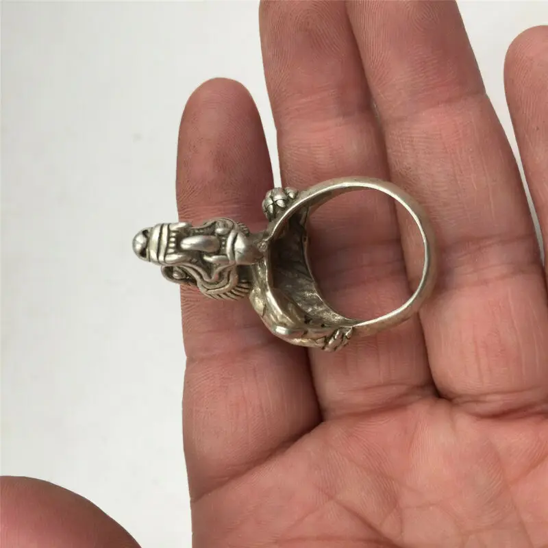 

23mm China OLD antique Tibetan silver handmade 3D dragon Unicorn Kylin ring