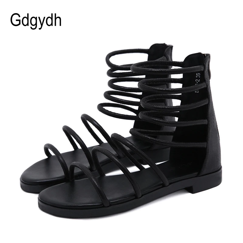 Женские сандалии гладиаторы Gdgydh черные летние на плоской подошве с открытым