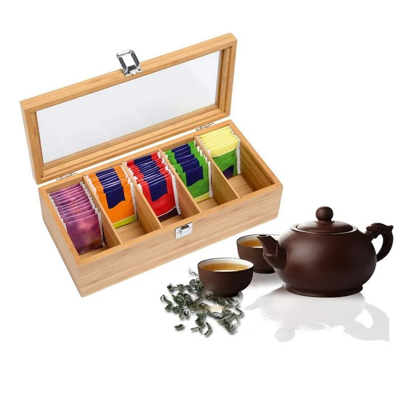 Bamboo System Tea Bag Jewelry Organizer Storage Box 5 Compartments Wood Sugar Packet Container | Дом и сад
