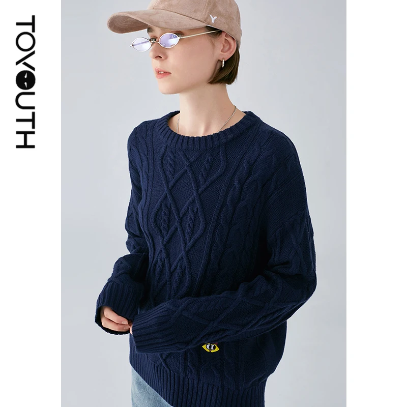 

Toyouth Women Pullover Cable Knitted Sweaters Vintage Round Neck Long Sleeve Causal Chic Tops