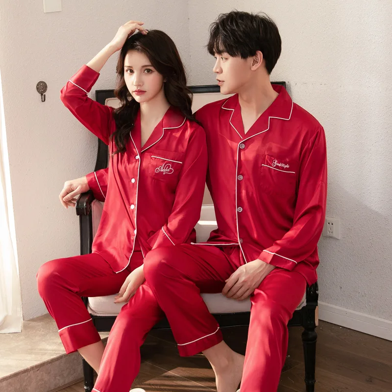 

Летняя шелковая Женская однотонная Корейская мужская Тонкая шелковая пижама с длинным рукавом для пар костюм для домашнего сервиса Пижам ...
