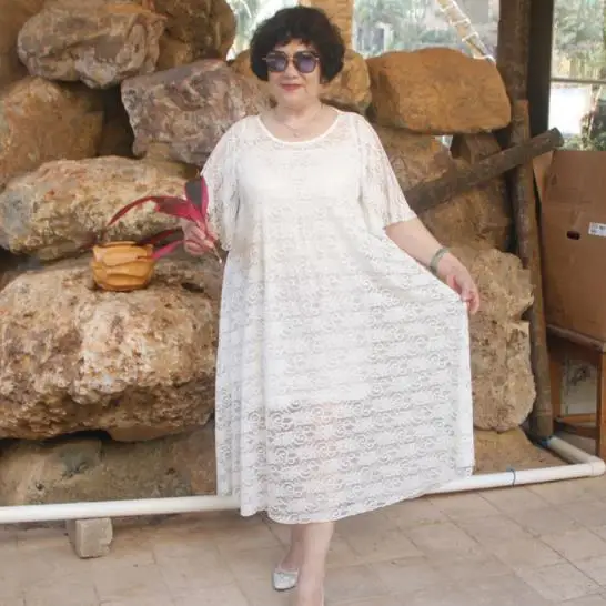 Женское кружевное платье туника Летнее белое большого размера 4xl 5xl 6xl DJ486