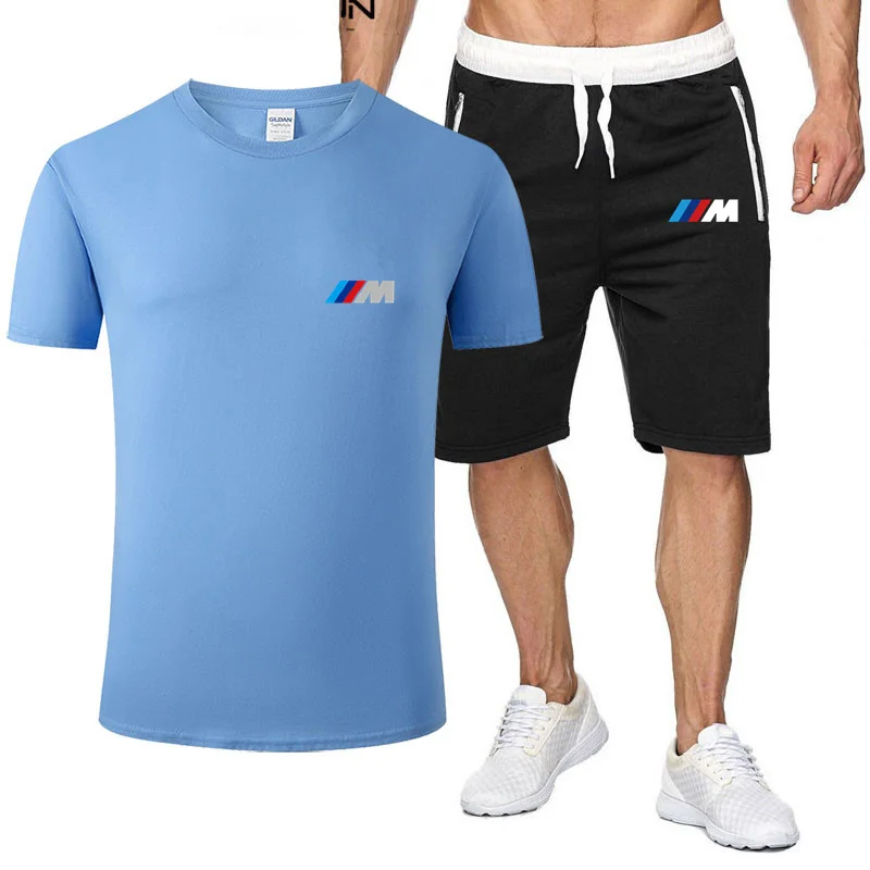 

2021 new BMW M men's summer casual suit T shirt + trousers two piece casual sportswear men's sportswear gym brand sportswear