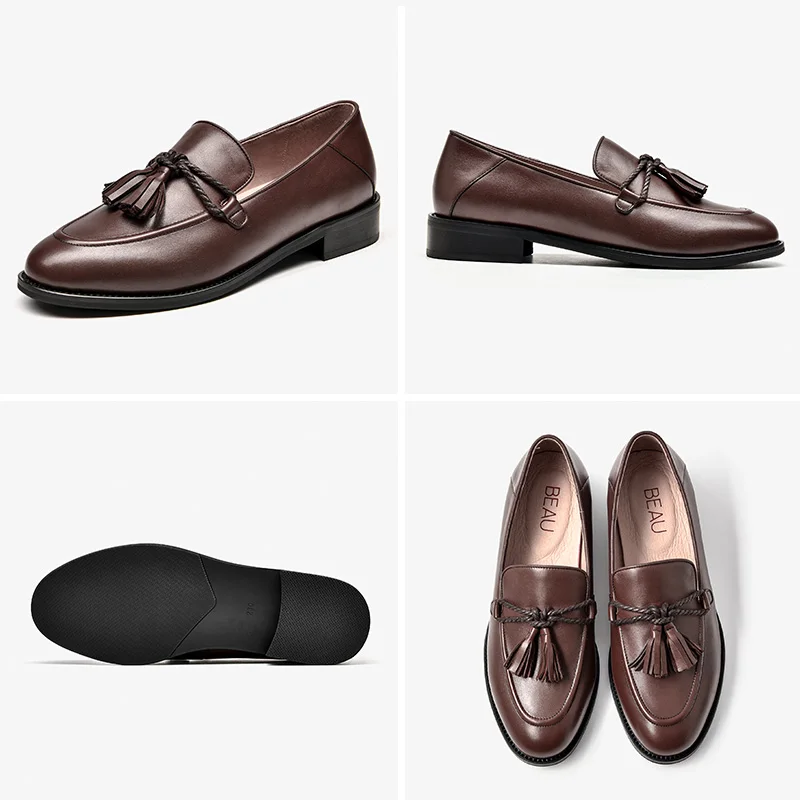 BeauToday/женские лоферы с кисточками Обувь из телячьей кожи на плоской подошве в