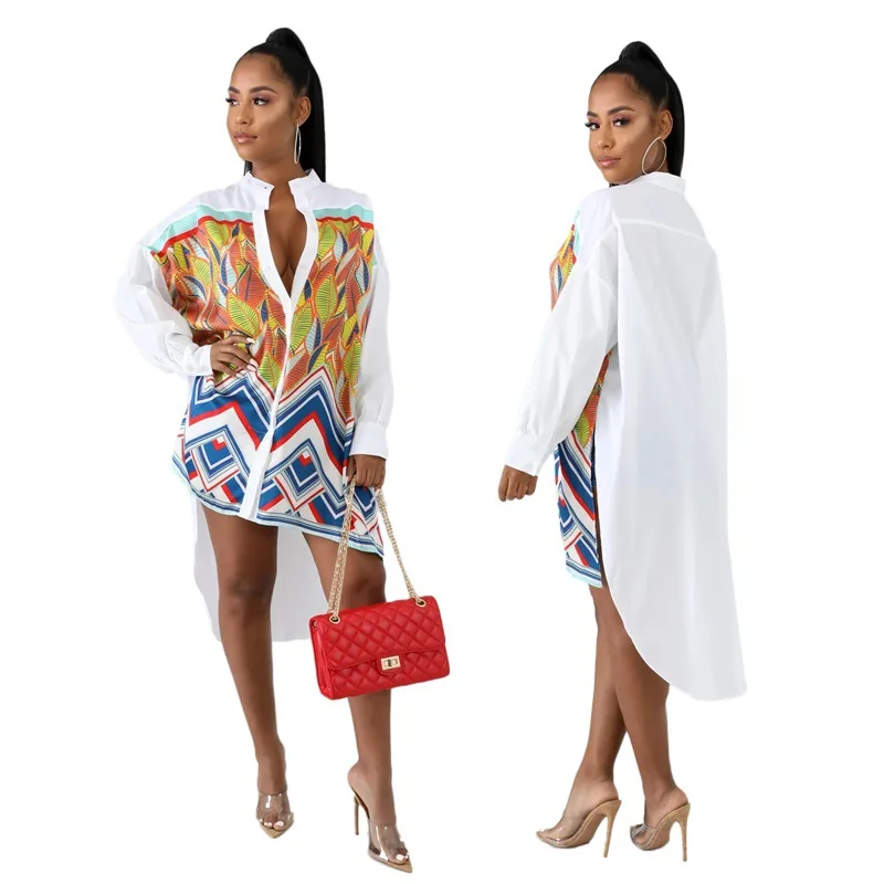 

9329 European and American Fashion Printed Loose Long Shirt Women's Wear
