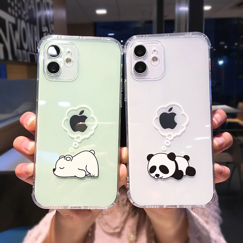 

Funny Cute Cartoon Bear Panda Phone Case For iPhone 13 Pro MAX 12 Mini 11 X XS XR 7 8 Plus Transparent Soft TPU Shockproof Cover