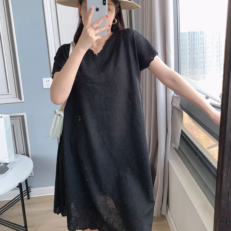 

High End Pleated Dress Women's Loose 2020 New V-neck Temperament Tiansi A-line Dress Short Sleeve