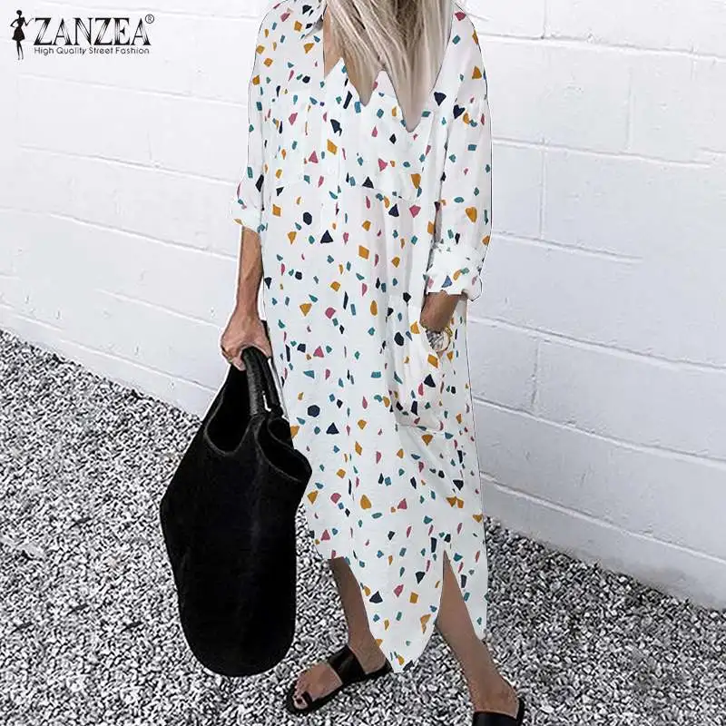 

2021 Autumn Denim Blue Long Shirt Dress ZANZEA Elegant Work OL Midi Sundress Women Lapel Long Sleeve Split Vestido Female Robe 7