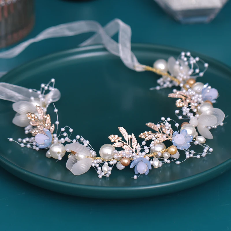 Новинка повязка на голову с голубыми цветами для невесты лоза жемчуг ручной