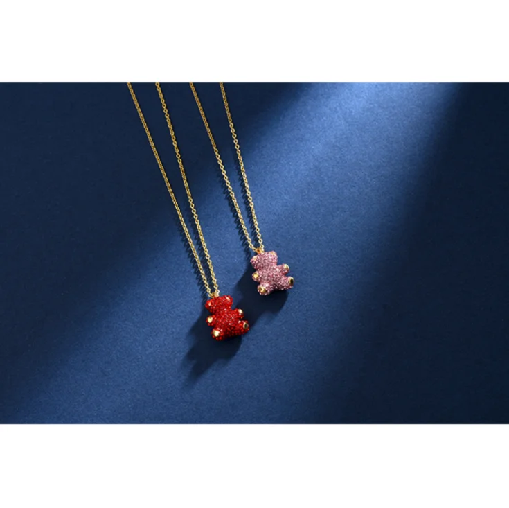 

Crystal necklace, brilliant teddy bear necklace, pink and diamond love bear collarbone chain, lady necklace