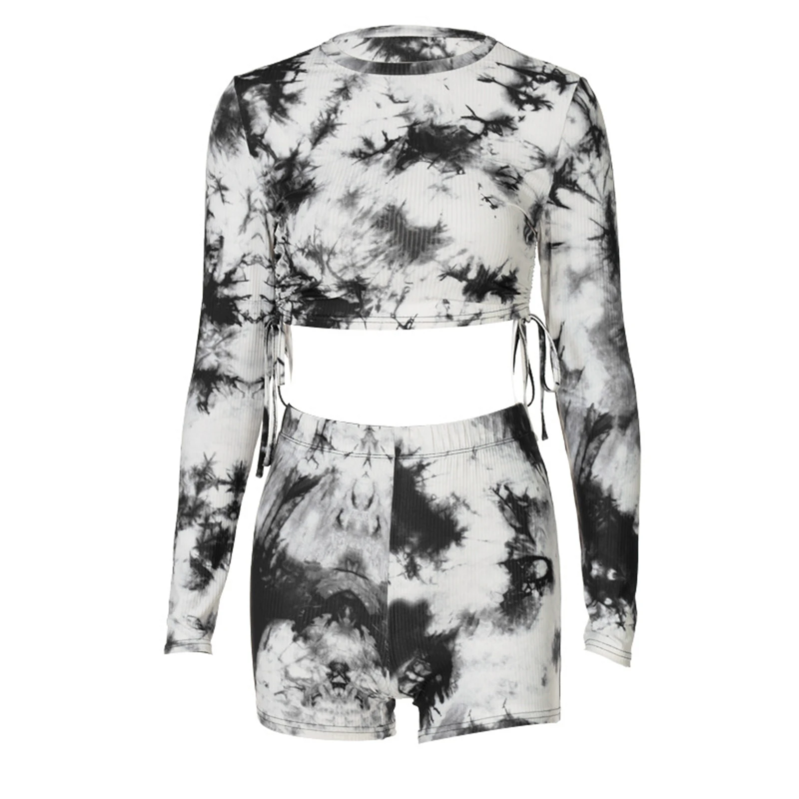 

2 Pcs Women Sports Outfits Adults Tie-up Tie-dye Print Long Sleeve Round Neck Crop Tops with Drawstrings + Shorts