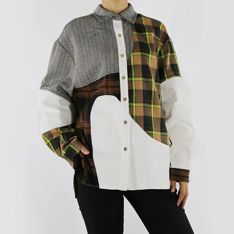 

Ladies Long Sleeve Shirt Autumn And Winter New Fugu Port Style Child Color Splicing Design Fashion Leisure Loose Shirt