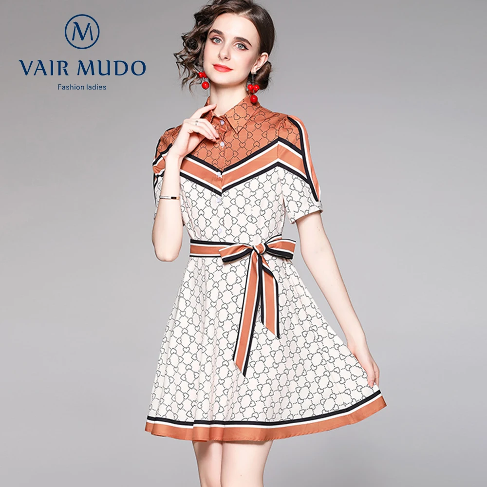 

Ladies Skirt Fashion All-Match Waist Slimming Positioning Printing Short-Sleeved Dress With Belt Shirt Sleeve Elegant FemaleY-77