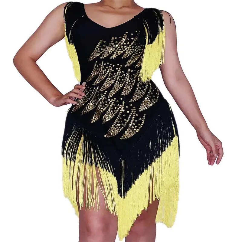 

V5 Sexy women latin dance balck yellow tassels dress rhinestones hip skirt stretch disco bar wears crystal tights outfit party