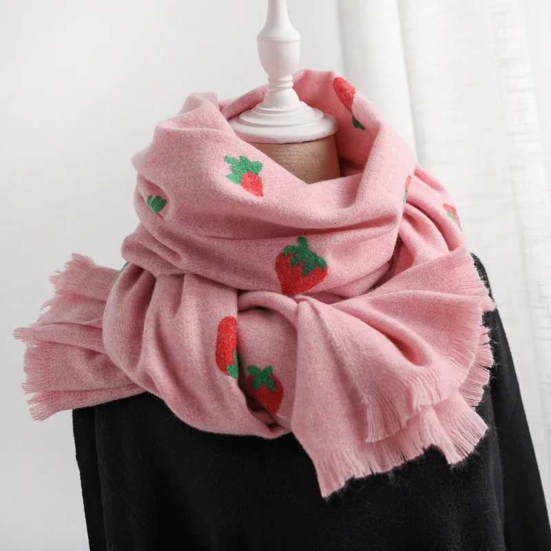 

200*70cm Autumn Winter New Cashmere Scarves Women Embroidery Strawberry Wraps Scarf Lady Thick Warm Long Scarf Shawl Wraps